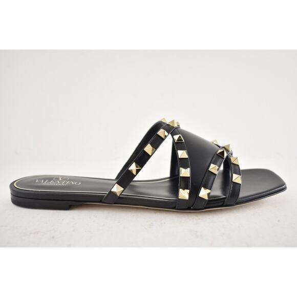 Valentino Rockstud Crisscross Strap Leather Black Slide Slip On Flat Sandal 40 - Picture 2 of 16